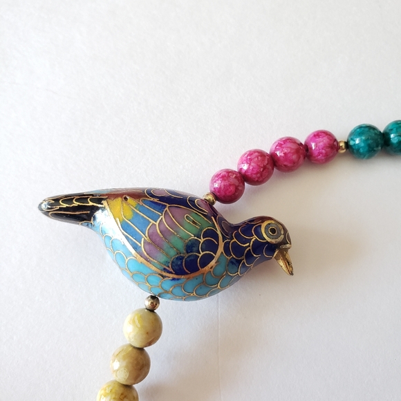 Vintage 1960's Gold Tone clasp, Multi Bead, Cloisonne Bird Necklace, - Picture 9 of 11